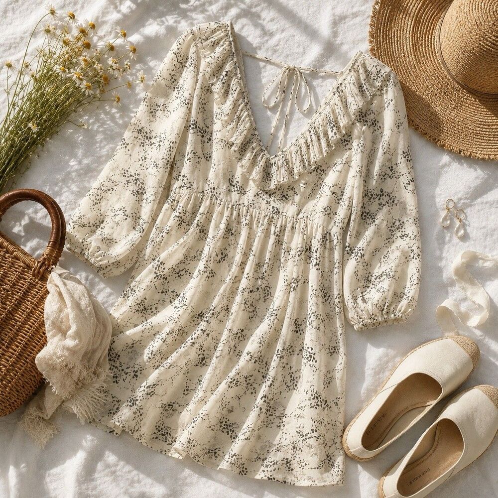 Entro Floral Mini Dress Medium Cream Ruffle V Back Tie Cottagecore Boho
